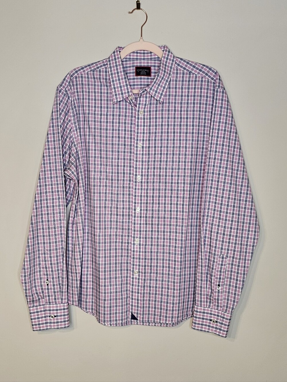 UNTUCKit Plaid Button Front Shirt Size Large Pink Blue 100% Cotton